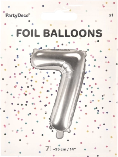 Sølv folieballon tal 7, 35 cm