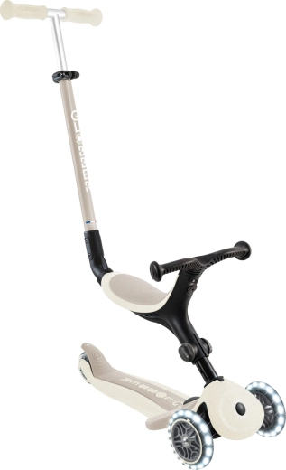 Globber Go Up Active Lights Ecologic 3v1 løbehjul med aftageligt sæde, kokosfarvet