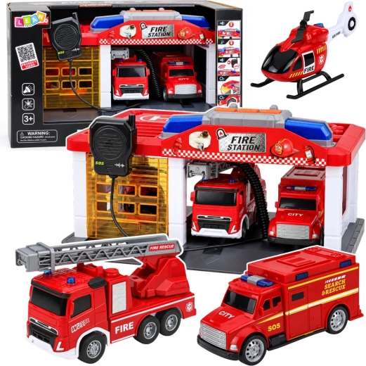 Brandstation med garage, køretøjer, helikopter og walkie-talkie