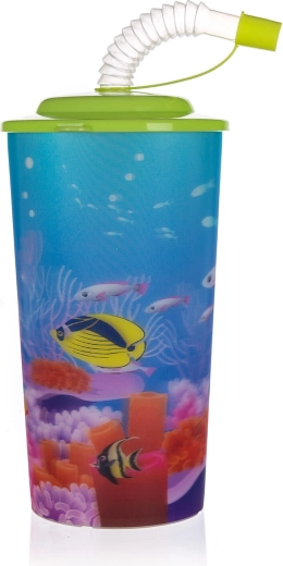 Plastkop med låg og sugerør SEA 470 ml