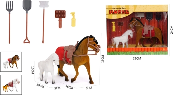 Hest og pony med tilbehør, sæt 7 stk.