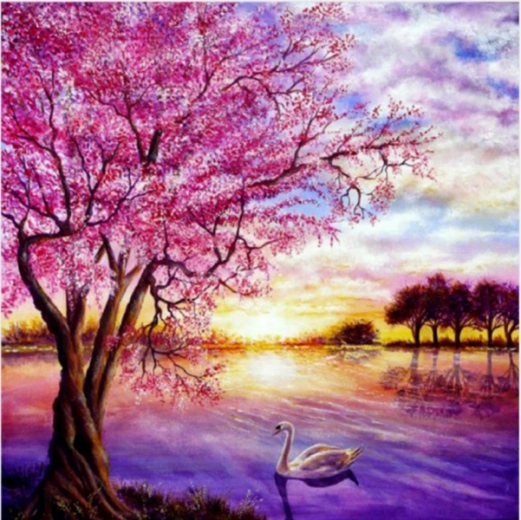 Diamond painting-mosaik – solnedgang over søen 30 × 30 cm