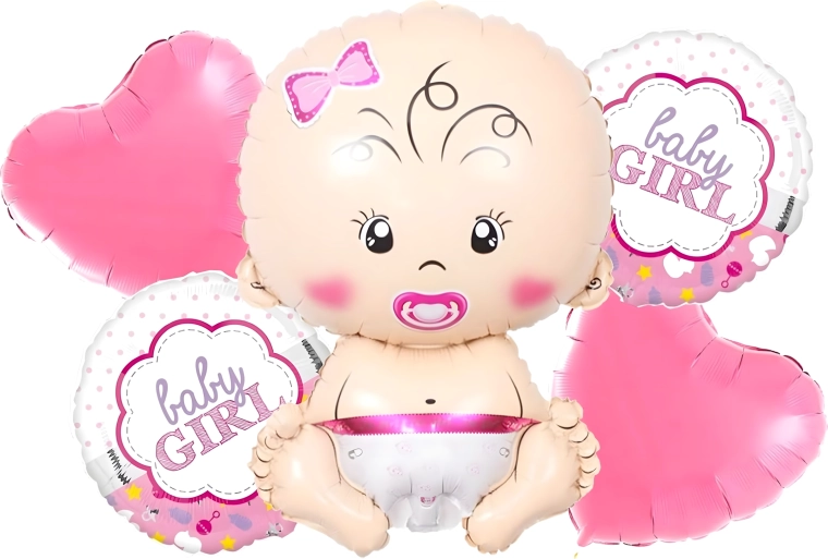 Balloner til babyshower til pige – sæt med 5 stk. med stjerner og baby-motiv