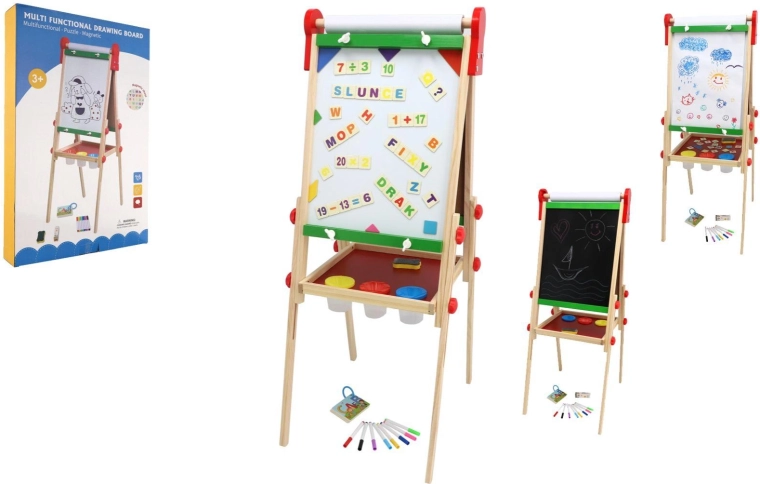Dobbeltsidet magnetisk børnetavle i træ med papirrolle og tilbehør 35 × 43 cm