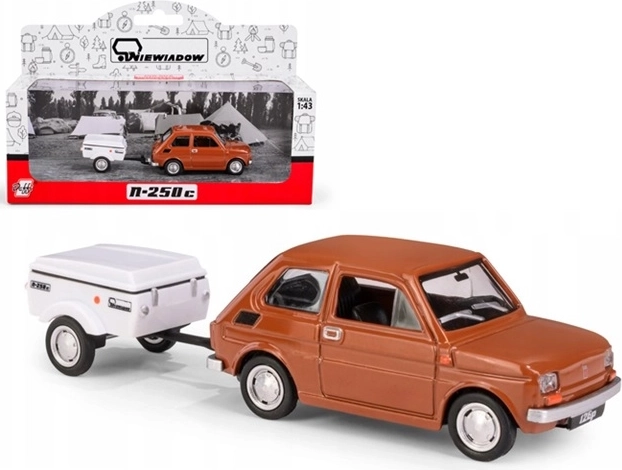 Fiat 126p med campingvogn Niewiadów N250C – kort brun model 1:43