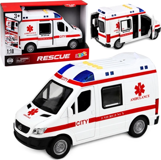 Børneambulance 1:10 med lys, lyde og båre