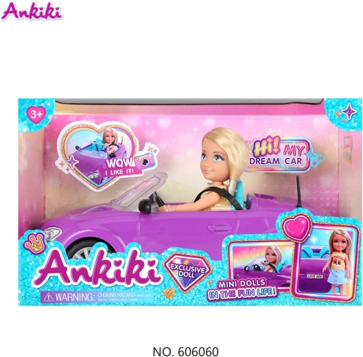 Ankiki-dukke med lilla cabriolet og tilbehør