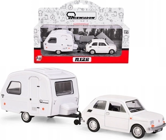 Fiat 126p med campingvogn Niewiadów N126, hvid, model 1:43