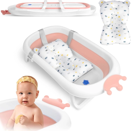 Sammenklappelig babybadekar med pude, hvid/rosa