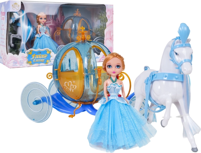 Blå eventyrkaret med hvid hest og lille prinsessedukke - 1 stk.