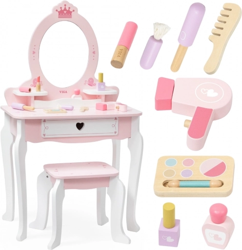 træbørne-toiletbord i pink‑hvid med spejl og skammel fra viga