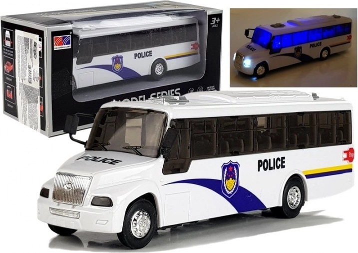 Politibus med lys og lyde – hvid metalmodel 21 cm