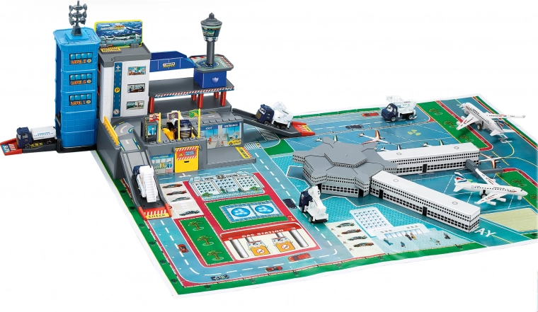 Lufthavnsgarage – sæt med 4 biler og fly, metal