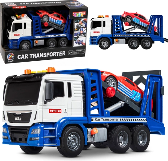 Legetøjs autotransportør (autotransporter/fejeblad) med sportsvogn, lys og lyde, blå-hvid - 1 stk.