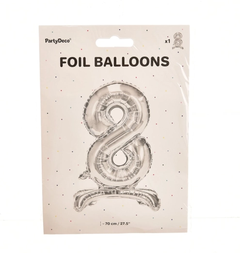 Folieballon til at stå – tal 8, sølv, 70 cm