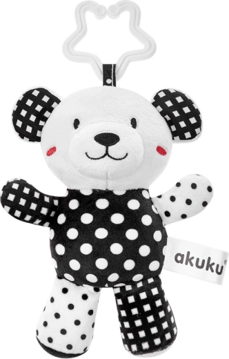 Plysset sort-hvid bamse med rangle til babyer