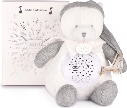 Doudou et Compagnie musikalsk natlampe med stjerneprojektion, bamse i grå – gavesæt