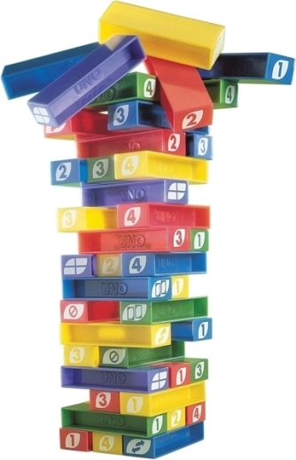 Farvede klodser med UNO-tal og -symboler