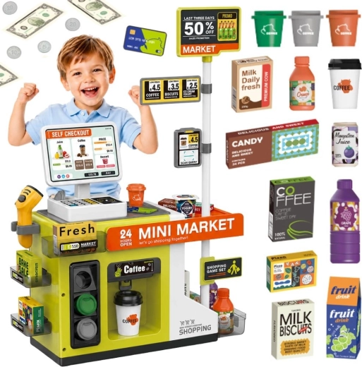 Woopie børne selvbetjeningskasse mini market med café - 1 stk.