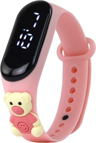 Børne-touchur med bamsemotiv, pink med justerbar rem