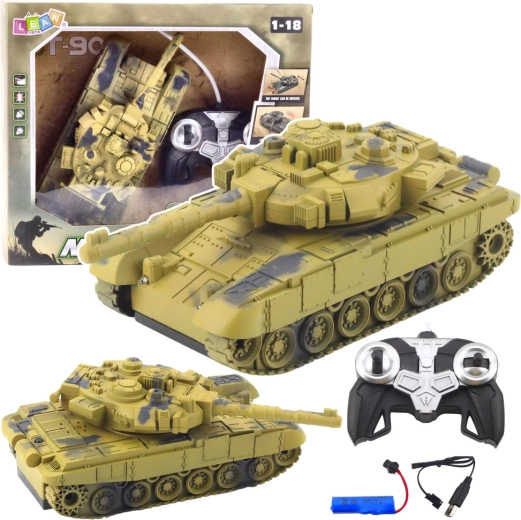 RC-tank T-90 1:18 med drejelig tårn, lys og lyde – ørkenkamouflage