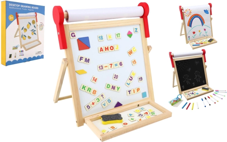 Dobbeltsidet magnetisk børnetavle i træ 33 × 33 cm med papirrolle og tilbehør
