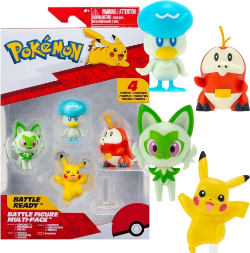 Outlet Pokémon Battle-sæt med 4 figurer af Pikachu, Krokorok, Sprigatito og Quaxly, 5 cm – 4 stk.