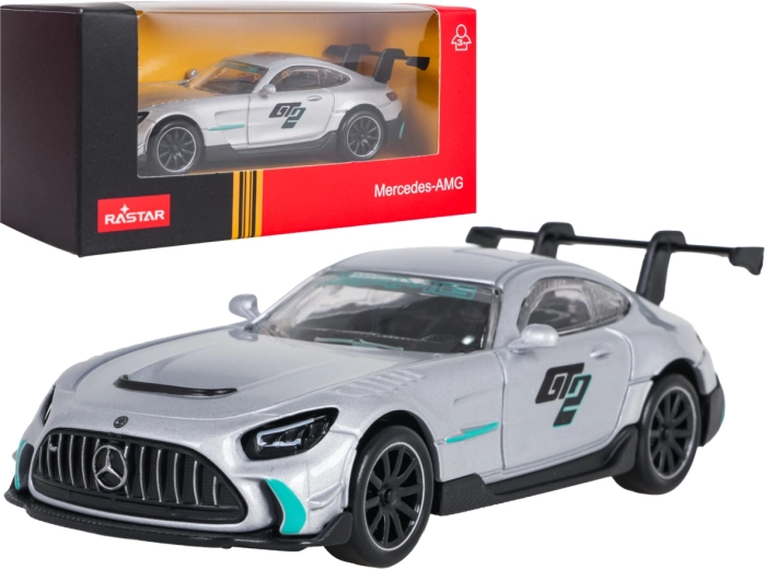 Mercedes-AMG GT2 RASTAR metalmodel i målestoksforholdet 1:43, sølvfarvet