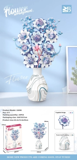 Byggesæt med buket af blå og hvide blomster i vase
