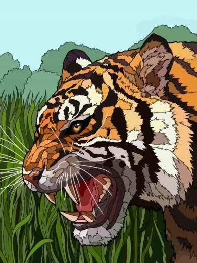 Mal efter tal: brølende tiger i græsset 40 × 50 cm