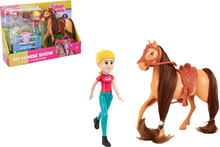Sæt til ridekonkurrencer med brun hest og figur