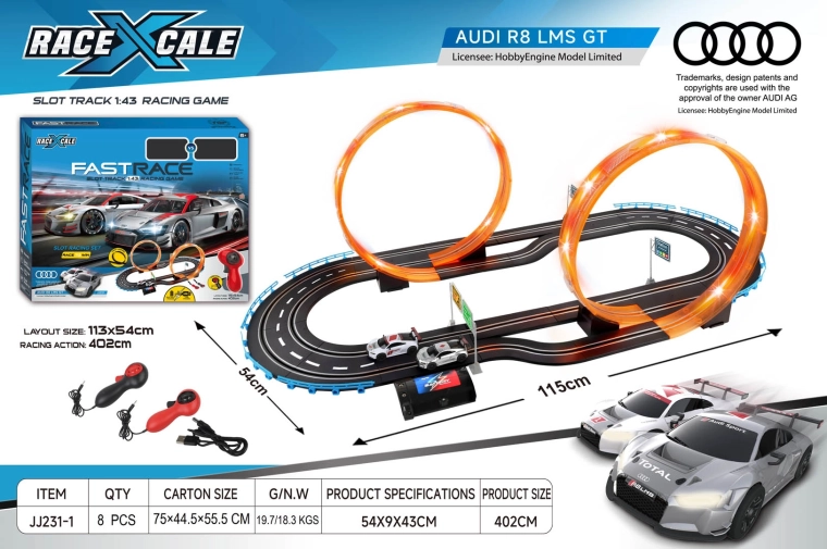 Fjernstyret racerbane med Audi R8 i skala 1:43, 115 × 54 cm