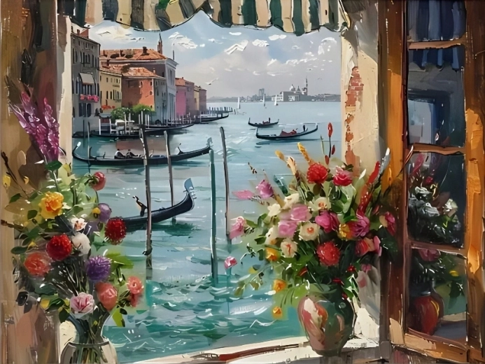Norimpex mal efter tal Vindu med udsigt over en venetiansk havn 40 × 50 cm