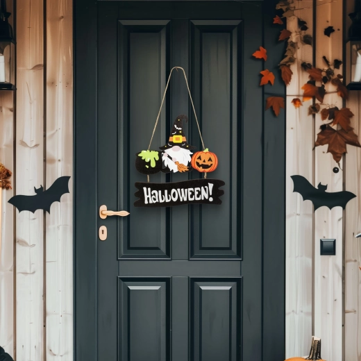 Halloween-træophæng med nisse og græskar