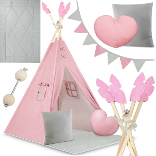 Rosa børne-teepee NUKIDO med måtte og puder