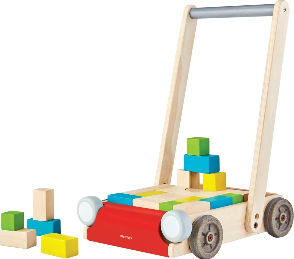 PlanToys træ-gåvogn med klodser