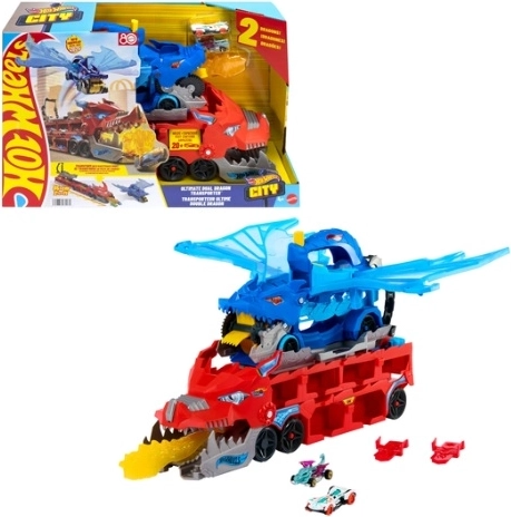 Hot Wheels City dobbelt drage-transportør med racerbane og 2 biler