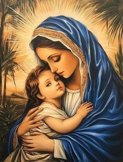 Diamantmaling Jomfru Maria med barn 30 × 40 cm