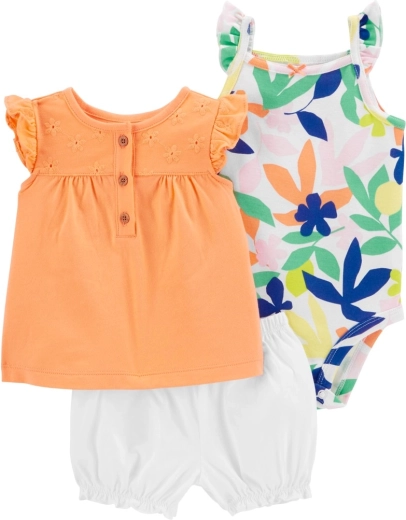 Carter's tredelt sæt til pige Orange Flower (body, T-shirt og shorts) 9 m