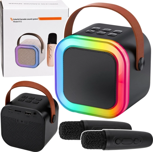 Trådløst karaoke-sæt K12 – Bluetooth-højttaler med to mikrofoner og LED-lys (sort)