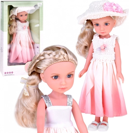 Elegant dukke med hat og langt blondt hår