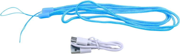 USB‑C-opladning og bæresnor til halsen
