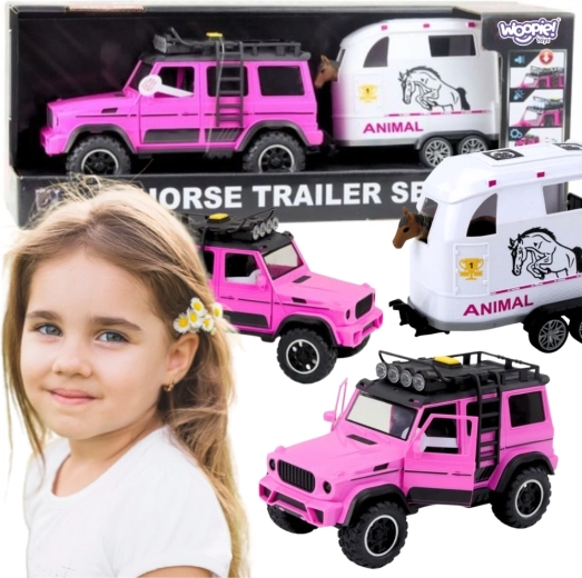 Rosa terrængående bil med trailer og hestefigur WOOPIE