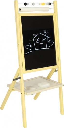 Dobbelt­siddet magnettavle i træ med kridtside, kugleramme og papir 46 × 43 × 89 cm