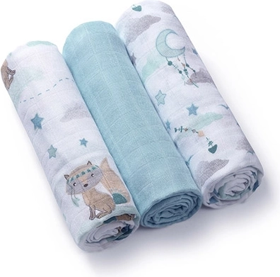 Bambus-musselinsvøb BABYONO 70 × 70 cm, 3 stk., blå