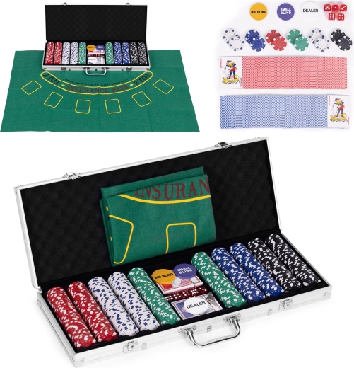 Poker- og Blackjack-sæt – 500 jetoner, 2 kortspil, terninger, spilleunderlag, låsbar kuffert
