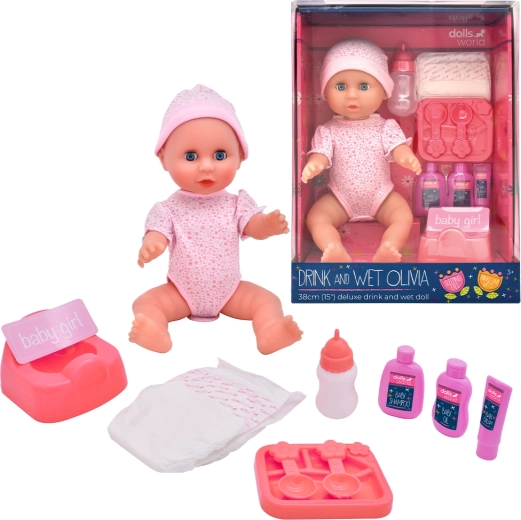 Dolls World babydukke Olivia 38 cm drikker og tisser med lukkende øjne og tilbehør