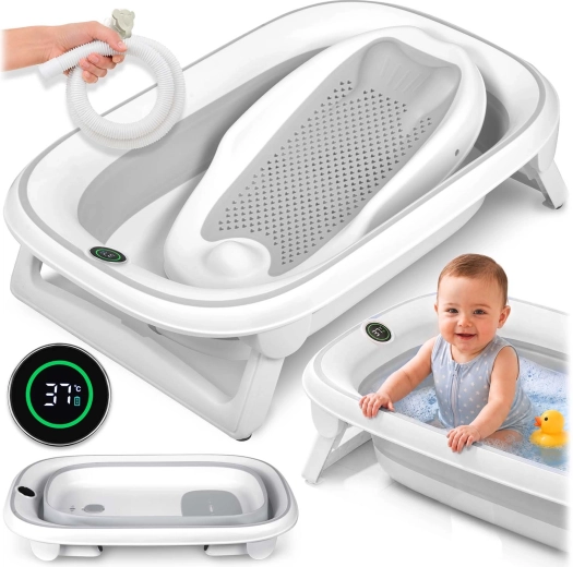 Nukido sammenklappeligt babybadekar med termometer og nyfødtindsats hvid/grå