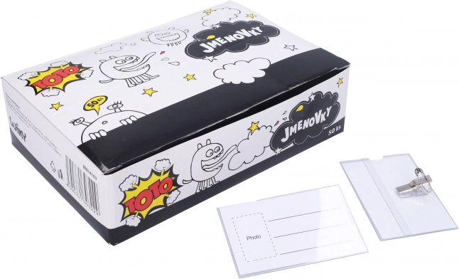 Gennemsigtigt navneskilt med clips og sikkerhedsnål