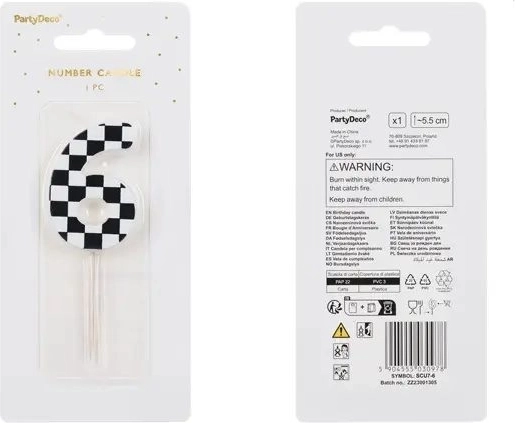 Fødselsdagslys med tallet 6, ternet design, 5,5 cm